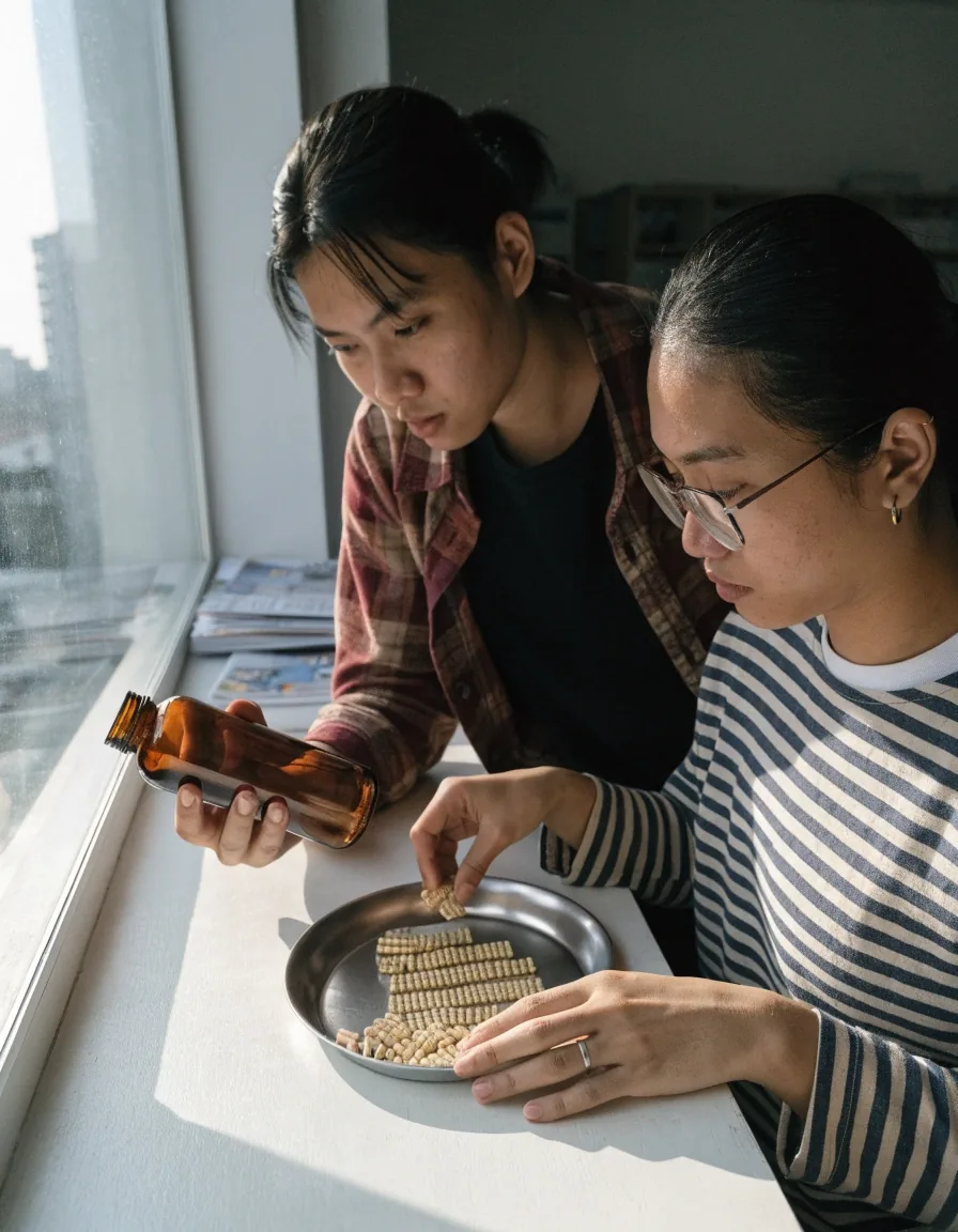 Two colleagues at a bright desk sorting capsule strips beside a supplement bottle