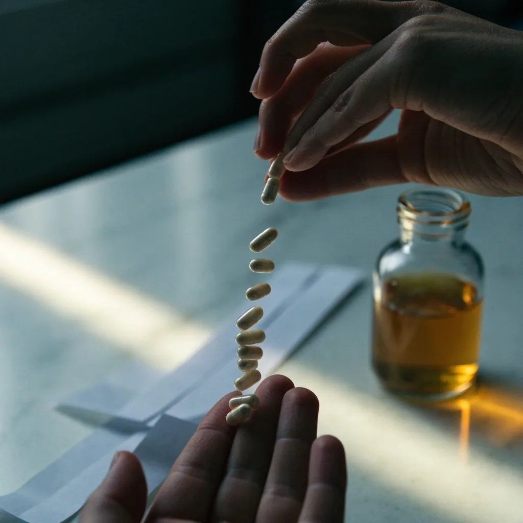 A hand tipping capsules from a strip into an open palm above a cool white counter