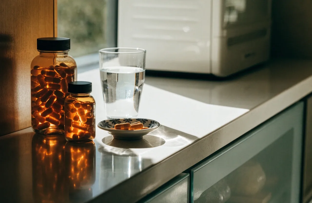 A blank sheet and pen on a bench beside two supplement bottles, the setup for writing a shortlist