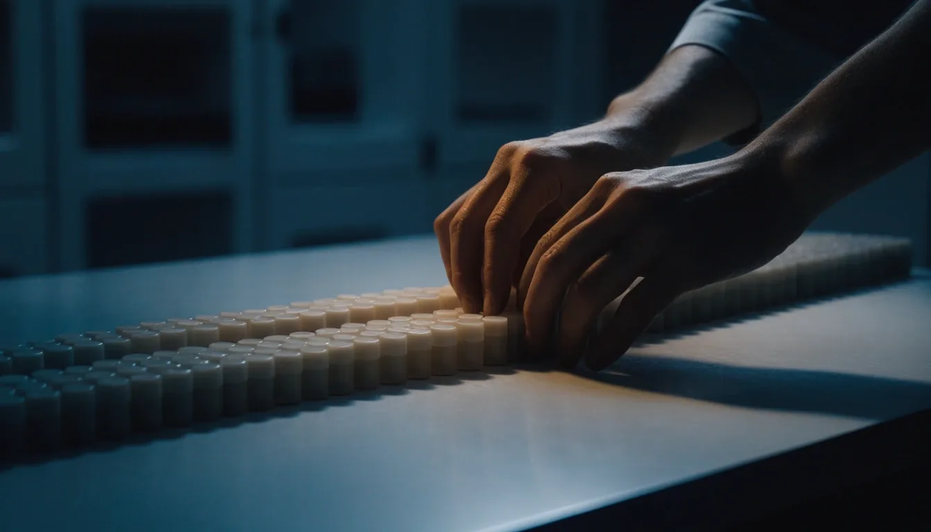 Two rows of identical capsules laid out on a cold bench for a side-by-side supplement comparison