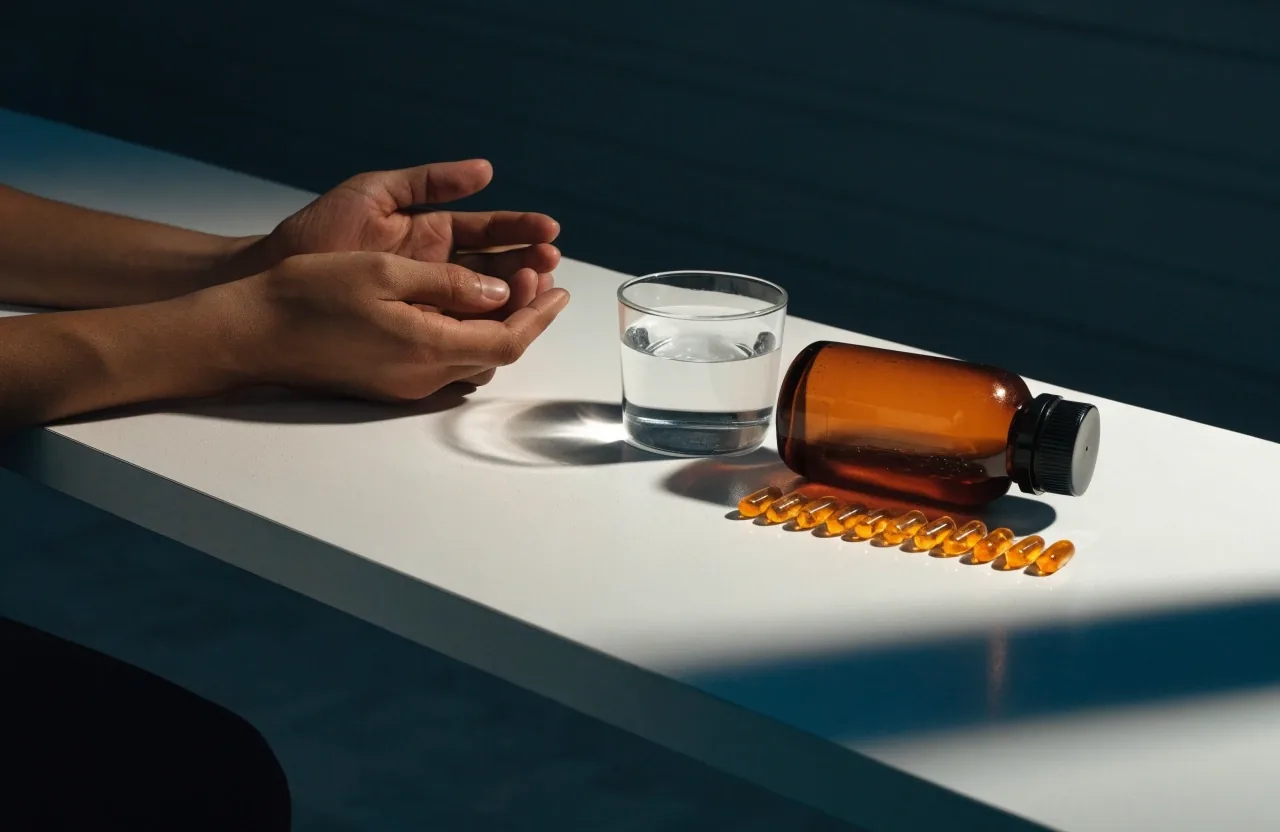 A man's hands on an ice-white bench beside a glass of water, an amber supplement bottle and a strip of capsules
