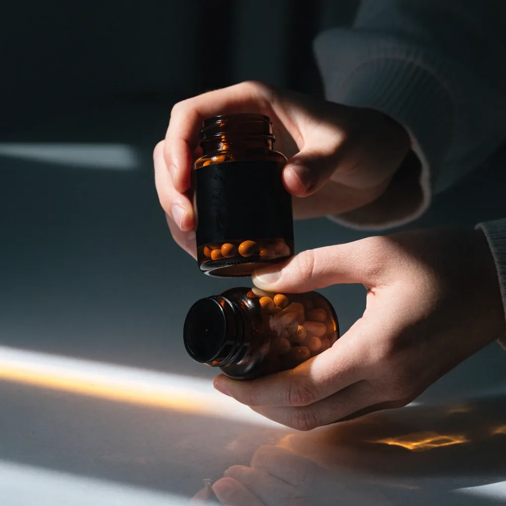 A man's hands holding two plain amber supplement bottles above a cool white counter in cold side light