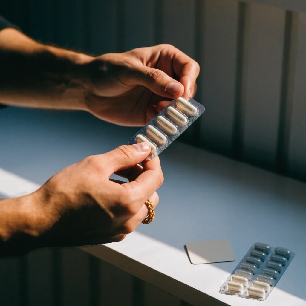 Plain unlabelled capsule strips laid out on a cool white bench surface beside a blank card