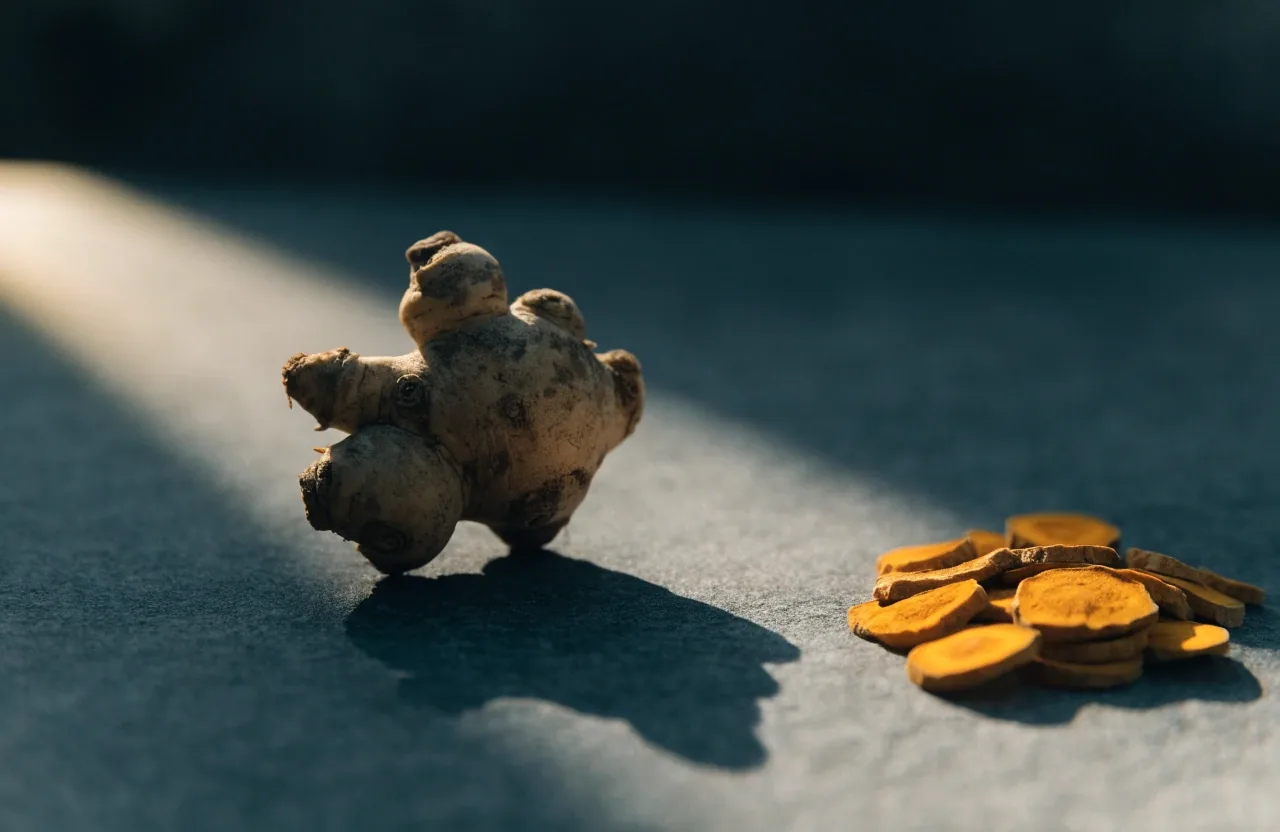 A whole ginseng root beside turmeric slices on cool grey stone under hard side light