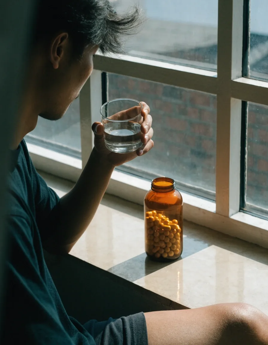 A man in plain athletic wear at a morning windowsill holding a glass of water beside an uncapped supplement bottle